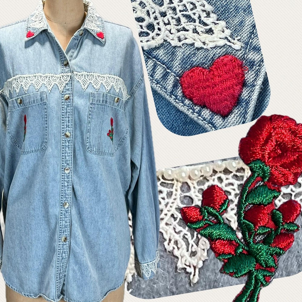 VINTAGE country cottage button down shirt lace embroidered heart rose denim 90s